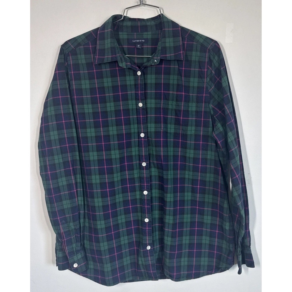 Lands' End Tartan Plaid Long Sleeve Button Up Shirt Blouse Womens 12 Career Work
